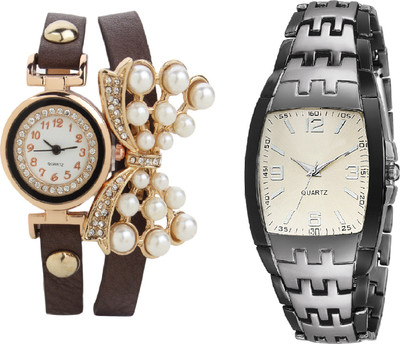 

COSMIC SILVER GREY TWO TONE COLLECTION MEN WATCH WITH BUTTERFLY PENDENT LADIES BRACELET PARTY WEAR Watch - For Couple