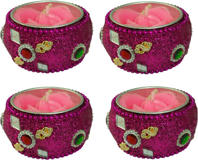 

Ammvi Creations Decorative Handcrafted Embellished Purple Set of 4 Diya Tealight Reusable Candle Holder with Rose Tealight Candle Candle(Purple, Pack of 4)