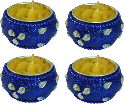 

Ammvi Creations Decorative Handcrafted Embellished Royal Blue Set of 4 Diya Tealight Reusable Candle Holder with Rose Tealight Candle Candle(Blue, Pack of 4)