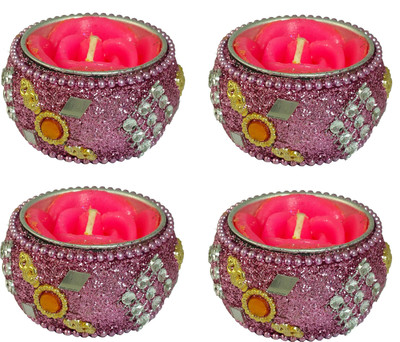 

Ammvi Creations Decorative Handcrafted Embellished Enamel Purple Diya Set of 4 Tealight Reusable Candle Holder with Rose Tealight Candle Candle(Purple, Pack of 4)
