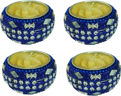 

Ammvi Creations Decorative Handcrafted Ornated Royal Blue Diya Set of 4 Tealight Reusable Candle Holder with Rose Tealight Candle Candle(Blue, Pack of 4)