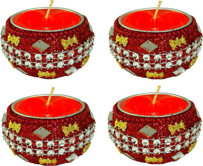 

Ammvi Creations Decorative Handcrafted Embellished Red Diya Set of 4 Tealight Reusable Candle Holder with Rose Tealight Candle Candle(Red, Pack of 4)