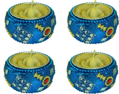 

Ammvi Creations Decorative Handcrafted Ornated Ocean Blue Diya Set of 4 Tealight Reusable Candle Holder with Rose Tealight Candle Candle(Blue, Pack of 4)