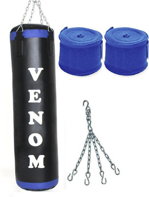 

Venom 1.5 Feet Long, P.U Material, Black and Blue Color, Unfilled with Hanging Chain with 9 Feet Long Blue Color Hand Wraps Pair Boxing Kit