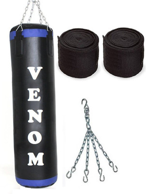 

Venom 1.5 Feet Long, P.U Material, Black and Blue Color, Unfilled with Hanging Chain with 9 Feet Long Black Color Hand Wraps Pair Boxing Kit