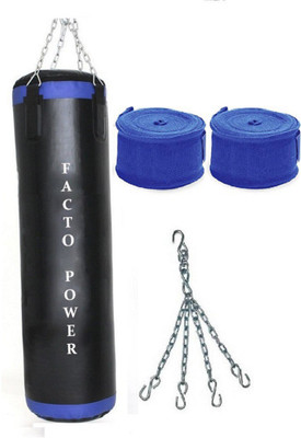

FACTO POWER 2.5 Feet Long, P.U Material, Black and Blue Color, Unfilled with Hanging Chain with 9 Feet Long Blue Color Hand Wraps Pair Boxing Kit