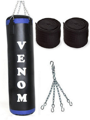 

Venom 5.5 Feet Long, P.U Material, Black and Blue Color, Unfilled with Hanging Chain with 9 Feet Long Black Color Hand Wraps Pair Boxing Kit