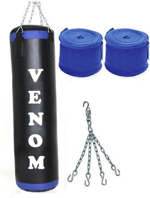 

Venom 7.5 Feet Long, P.U Material, Black and Blue Color, Unfilled with Hanging Chain with 9 Feet Long Blue Color Hand Wraps Pair Boxing Kit