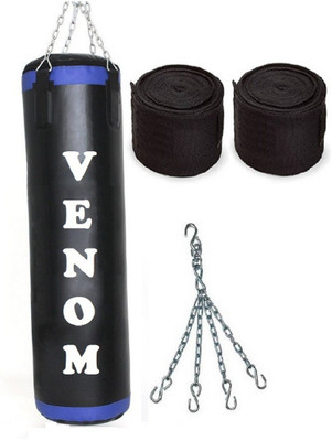 

Venom 5.0 Feet Long, P.U Material, Black and Blue Color, Unfilled with Hanging Chain with 9 Feet Long Black Color Hand Wraps Pair Boxing Kit