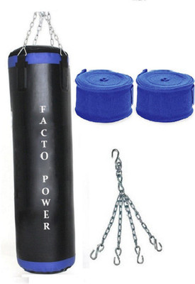 

FACTO POWER 3.5 Feet Long, P.U Material, Black and Blue Color, Unfilled with Hanging Chain with 9 Feet Long Blue Color Hand Wraps Pair Boxing Kit