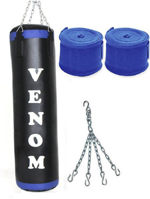 

Venom 2.5 Feet Long, P.U Material, Black and Blue Color, Unfilled with Hanging Chain with 9 Feet Long Blue Color Hand Wraps Pair Boxing Kit