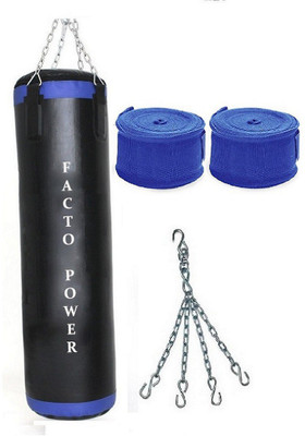 

FACTO POWER 6.0 Feet Long, P.U Material, Black and Blue Color, Unfilled with Hanging Chain with 9 Feet Long Blue Color Hand Wraps Pair Boxing Kit