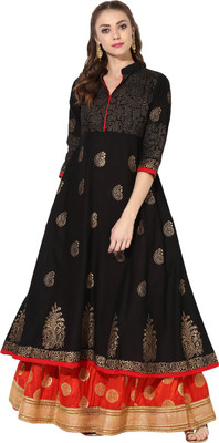 Zoeyams Women Printed, Paisley Anarkali Kurta(Gold, Black)