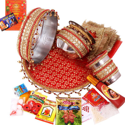 

Creativity Centre Glossy Karwa Chauth Pooja Thali Set N Pooja Accessories Stainless Steel(19 Pieces, Multicolor)