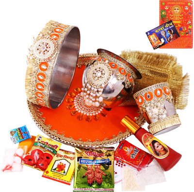 

Creativity Centre Vibrant Color Designer Karwa Chauth Pooja Thali Set Stainless Steel(19 Pieces, Multicolor)