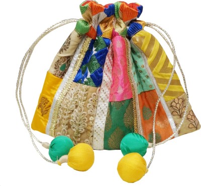 Muren Brocade Handmade Silk Embroiderd Multicolour Potli cum Pouch with Balls Drawstrings Potli