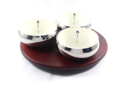 

Clobber Clobber Stainless Steel 3 Bowl Snack Bowl Set with Wooden Revolving Tray Bowl Tray Serving Set(Pack of 7)