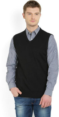 Super Weston Solid V Neck Casual Men Black Sweater