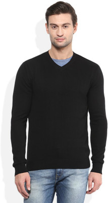 Super Weston Solid V Neck Casual Men Black Sweater