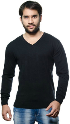 Super Weston Solid V Neck Casual Men Black Sweater
