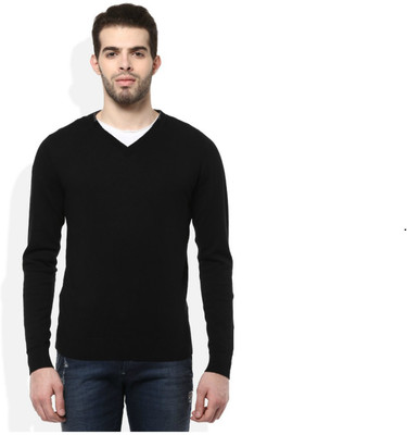 Super Weston Solid V Neck Casual Men Black Sweater