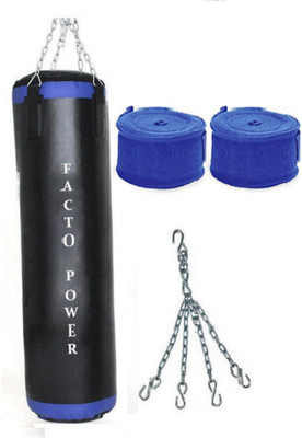 

FACTO POWER 4.5 Feet Long, P.U Material, Black and Blue Color, Unfilled with Hanging Chain with 9 Feet Long Blue Color Hand Wraps Pair Boxing Kit