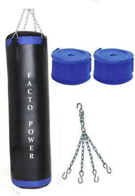 

FACTO POWER 7.5 Feet Long, P.U Material, Black and Blue Color, Unfilled with Hanging Chain with 9 Feet Long Blue Color Hand Wraps Pair Boxing Kit