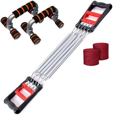 

GB Combo Of 5 Spring Chest expander, AB Wheel And Wrist Band Gym & Fitness Kit