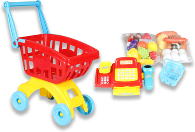 Toys Bhoomi 2 in 1 Supermarket Cashier & Shopping Trolley Role Play Set with Light & Sound - 45 Pieces