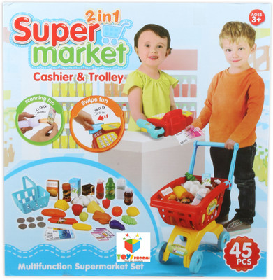 

Toys Bhoomi 2 in 1 Learn & Play Supermarket Cashier Shopping Trolley Set with Light & Sound - 45 Pieces(Multicolor)
