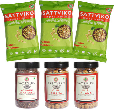 

Sattviko Snacks Combo Pack (Pudhina Makhana - Pack of 3, Ajwaini Flax Seed - Pack of 1 and Gur Chana - Pack of 2), 363 grams(363 g, Pack of 6)