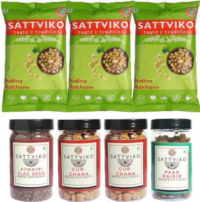

Sattviko Snacks Combo Pack (Pudhina Makhana - Pack of 3, Ajwaini Flax Seed - Pack of 1, Gur Chana - Pack of 2 and Paan Raisin - Pack of 1), 463 grams(463 g, Pack of 7)