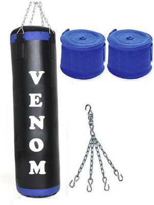 

Venom 6.5 Feet Long, P.U Material, Black and Blue Color, Unfilled with Hanging Chain with 9 Feet Long Blue Color Hand Wraps Pair Boxing Kit