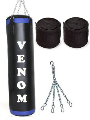 

Venom 2.5 Feet Long, P.U Material, Black and Blue Color, Unfilled with Hanging Chain with 9 Feet Long Black Color Hand Wraps Pair Boxing Kit