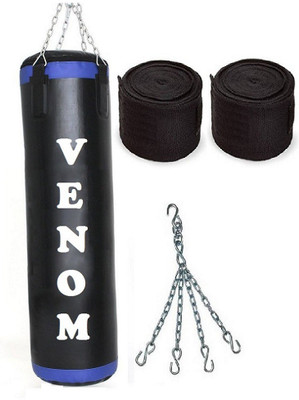 

Venom 6.5 Feet Long, P.U Material, Black and Blue Color, Unfilled with Hanging Chain with 9 Feet Long Black Color Hand Wraps Pair Boxing Kit