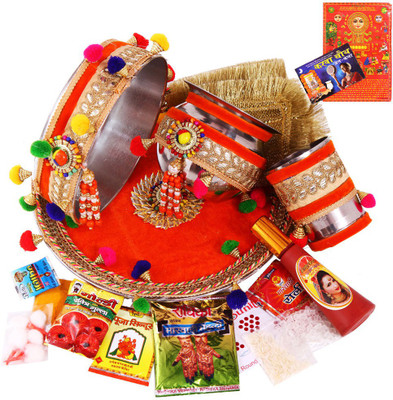 

Creativity Centre Gorgeous Vibrant Color Karwa Chauth Pooja Thali Set N Pooja Accessories Stainless Steel(19 Pieces, Multicolor)