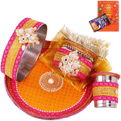 

Creativity Centre Multicolor Karwa Chauth Pooja Thali Set Stainless Steel(8 Pieces, Multicolor)