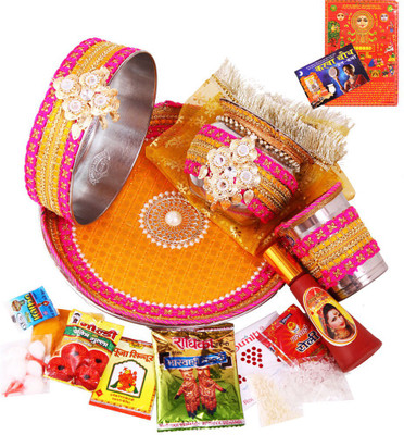 

Creativity Centre Multicolor Karwa Chauth Pooja Thali Set N Pooja Accessories Stainless Steel(19 Pieces, Multicolor)