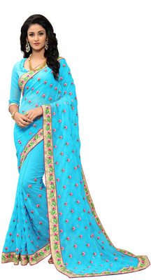 onlinefayda Embroidered Fashion Poly Georgette Saree(Blue)