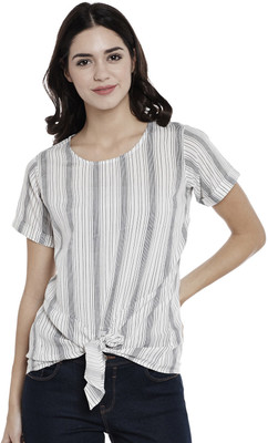 ATHENA Casual Regular Sleeve Striped Women White, Black Top