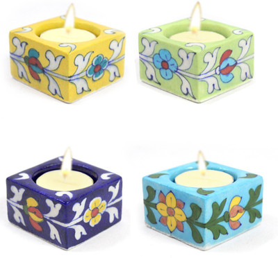 

India Meets India Blue Pottery Art Handmade Decorative Diyas Or Ceramic Diya Set/Tealight Holder with Tealights Candles Qty -4 (0105HOBP00030) Ceramic 4 - Cup Tealight Holder Set(Multicolor, Pack of 4)