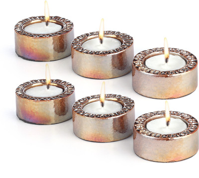 

Gifts & Souvenir METALLIC ROUND 60 MM CANDLE HOLDER SET OF 6 Ceramic (Pack of 6) Table Diya Set(Height: 0.98 inch)