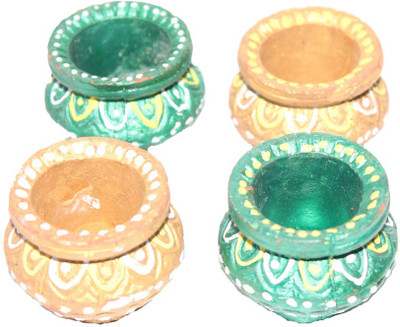 

Sarvsiddhi Terracotta Designer Colored Diya Set of 4 Terracotta (Pack of 4) Table Diya Set(Height: 5 inch)