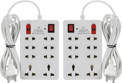 

S.Blaze Combo of 2 White 8 in 1 Mini Power Strip Extension cord with ON / OFF switch and indicator 3-4m lengthy wire, 2 Three Pin Socket + 6 A Two Pin Socket