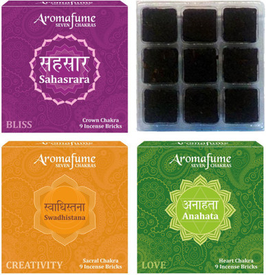 

Aromafume 7 Chakra Incense Bricks Pack Of 3 Fragrances (Sahasrara,Anahata & Swadhistana - 9 pcs each) Fresh Agarbattis(3 Units)