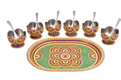 

Sanyal Handmade Decorative Stainless Steel Superior Quality Ice-Cream Bowl's, Spoon and Try Set Bowl Spoon Tray Serving Set(Pack of 1)