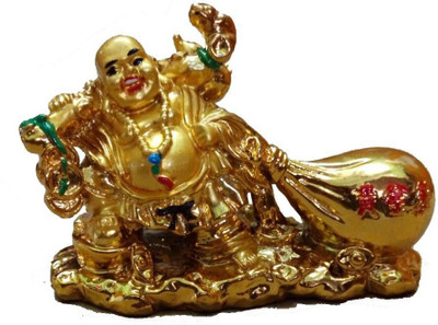 

Pari Collections Big Laughing Buddha dragging wealth potli Decorative Showpiece - 10 cm(Polyresin, Gold)