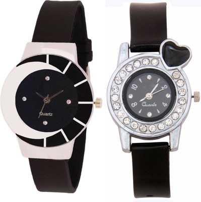 SPINOZA black white color fancy beautiful glass watch with black crystals heart unique and beautiful glory women Analog Watch - For Girls SPINOZA black white color fancy beautiful glass watch with black crystals heart unique and beautiful glory women Analog Watch - For Girls