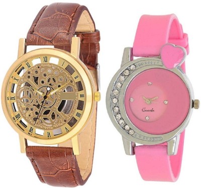 SPINOZA N01K046 golden transparent dial professional watch with pink love heart crystals studded on dial men and women Watch  - For Boys & Girls   Watches  (SPINOZA)