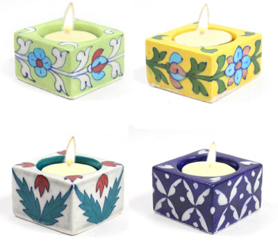 

India Meets India Blue Pottery Art Handmade Decorative Diyas Or Ceramic Diya Set/Tealight Holder with Tealights Candles Qty -4 (0105HOBP00032) Ceramic 4 - Cup Tealight Holder Set(Multicolor, Pack of 4)